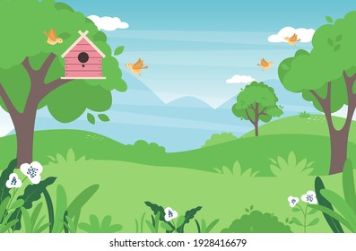 Spring landscape in countryside with green meadow on hills and blue sky, Vector cartoon Summer or Spring landscape, Panoramic grass field and wildflower, Holiday natural background