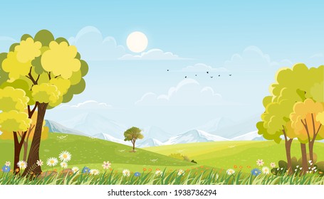 Spring landscape in countryside with green meadow on hills, blue sky and fluffy clouds, Vector cartoon landscape of village with grass field and wildflower in sunny Summer, Holiday natural background