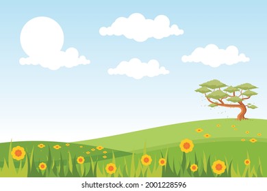 Spring landscape countryside with green meadow hills with blue sky