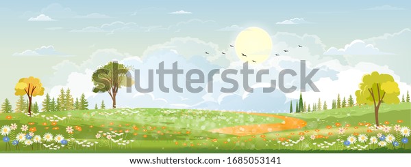 Spring landscape in countryside with green meadow on hills with blue sky, Vector Summer or Spring landscape, Panoramic village with grass field and wildflowers, Holiday natural background