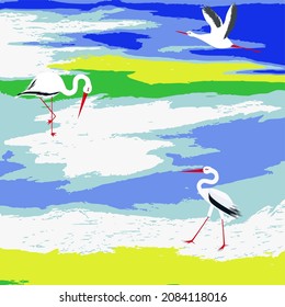 Spring landscape - cranes - abstract illustration - brush strokes, grunge style - art, vector.