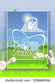 Spring landscape with cute Easter bunnies. Basket with Easter eggs on the background of young green spring grass. Easter greeting card. Happy Easter. Vector illustration