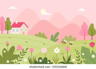 Spring Landscape with cute house, bees and flowers. Flat vector Illustration.
