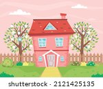 Spring landscape with cute house surrounded with trees in blossom. Farm, cottage, house at spring time. House, trees, bushes, flowers. lawn, meadow, grass. Vector illustration. 