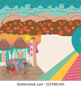 Spring landscape with cute house surrounded with trees in blossom. Farm, cottage, house at spring time. House, trees, bushes, flowers. lawn, meadow, grass. Vector illustration.