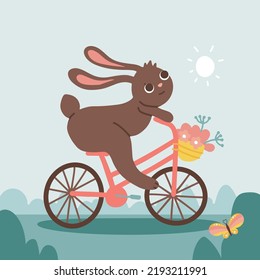 Paisaje primaveral con conejo Cute monta una bicicleta en un prado verde. Ilustración de vector dibujada a mano infantil. naturaleza veraniega.