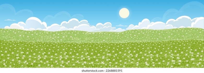 Paisaje primaveral de campo de granjas margaritas con nubes esponjosas, Sol en cielo azul. Amplia vista panorámica del verano con flor silvestre en pradera verde en la colina. Dibujo vectorial lindo para la pancarta de Pascua 