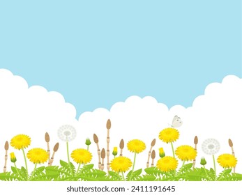 Spring landscape of dandelions and horsetail background frame