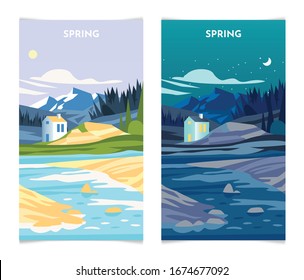 Spring Landscape at day and night. Spring Season banners set template vector illustration