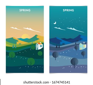 Spring Landscape at day and night. Spring Season banners set template vector illustration