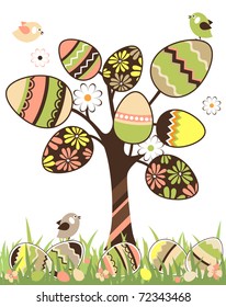 Spring landscape with easter blossoming tree and eggs