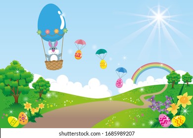 Spring landscape with easter rabbit flying on a balloon