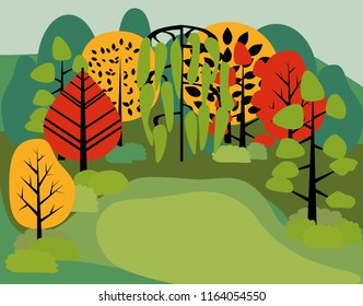 Spring landscape, edge with bright abstract trees. Cute background with a illustration for children.