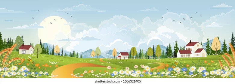 Spring landscape with farm house,mountain,sun, blue sky and clouds, Panorama countryside in UK with  peaceful rural nature in springtime with wild grass land.Cartoon vector for spring or summer banner