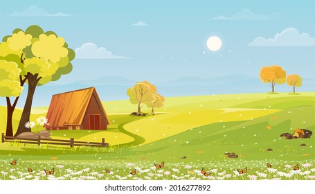 Spring landscape with farmhouse, mountain, blue sky and cloud in village,Rural fields with cottage at farmland in sunny day,Cartoon vector illustration banner for spring or summer season background