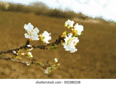 Spring landscape with field and blooming twig in the style of pointillism. Brown spring landscape with white flowering twig