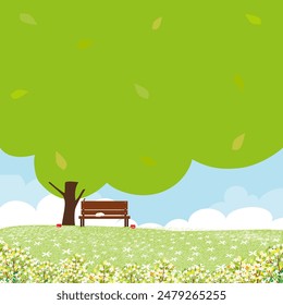 Spring Landscape flower field with cat sleeping on bench under tree in Park,Vector illustration cartoon Forest green grass meadow on hill with cloud blue sky,Nature village Farm in sunny day summer