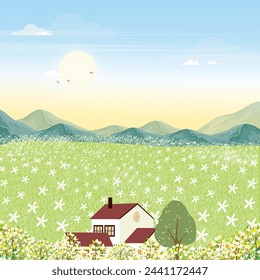 Spring Landscape Flower Field,Tree in Park,Vector illustration cartoon Forest green grass meadow on hills with cloud blue sky,Nature Farm at village in sunny day summer