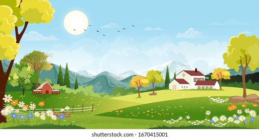 Spring landscape with flower in park,Vector illustration cartoon with barn, green grass meadow on hills with cloud blue sky,Banner Nature Farm  field blooming in garden at village in sunny day summer