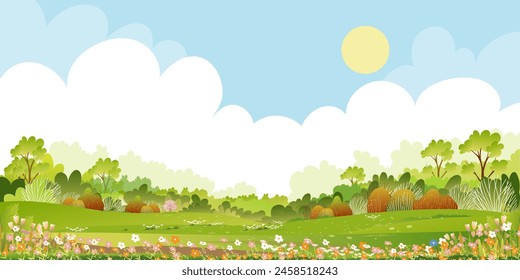 Frühlingslandschaft mit Blüten im Park, Vektorillustration-Cartoon mit grüner Graswiese auf Hügeln mit wolkenblauem Himmel, Banner-Natur Bauernhof Rasenfeld blüht im Garten am Ort im Sonnentag Sommer