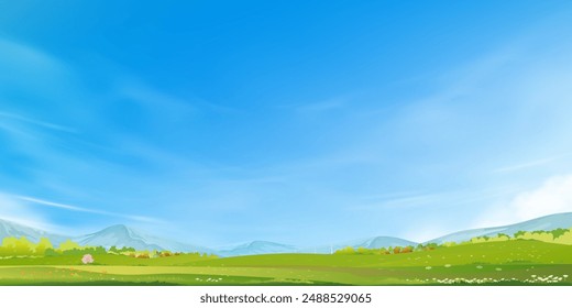 Spring landscape with flower in park,Vector illustration cartoon with green grass meadow on hills with cloud blue sky,Banner Nature Farm lawn field blooming in garden at village in sunny day summer