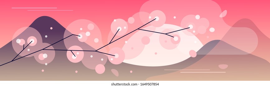 Spring landscape. Flowering tree branch and mountains. Modern minimalistic background. Vector illustration.