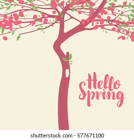 Spring landscape with flowering tree and foliage