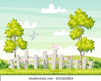 Spring landscape with flowers and birds
