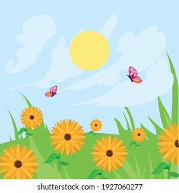 Spring landscape with flowers and butterflies design, Season natural floral ornament garden and decoration theme Vector illustration