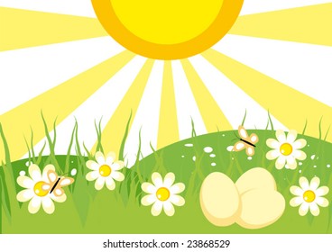 Spring landscape with flowers and eggs for Easter. Vector illustration.