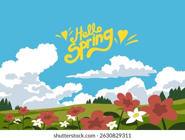 Spring landscape with flowers in the field and sunny day