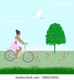 Spring landscape, flowers, flying crane. African American girl rides a bicycle - vector. Sports activities in nature.