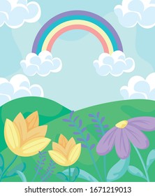 paisaje primaveral con flores, montañas y arco iris, diseño colorido, ilustración vectorial