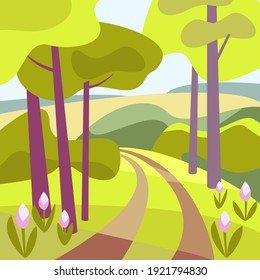 Spring landscape with flowers, trees, road.Vector illustration in flat cartoon style.