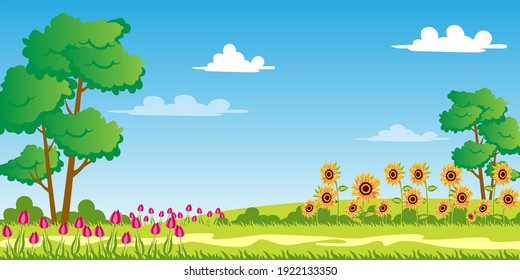 Spring landscape with flowers, vector illustration