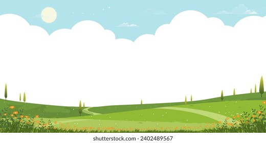 Spring landscape with flower,Tree in park,Cartoon Vector illustration green grass meadow on hills with cloud blue sky,Banner Nature Farm lawn field blooming in garden at village in sunny day summer