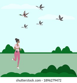 Spring landscape, flying ducks. African American girl morning jogging - vector. Sports activities in nature.