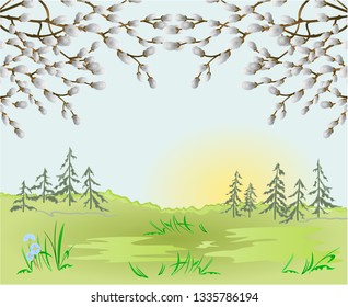 Spring landscape forest Easter  background  and pussy willow in the grass with flowers place for text vintage vector illustration editable hand draw