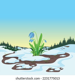 Paisaje primaveral con bosque, vidrios, nieve derritiéndose y nevadas. Hermosa ilustración de fondo de primavera. Vector