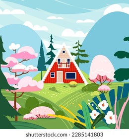 Spring landscape with forest red house cottage vector. Mountain blooming tree scenic background. Nature season flat illustration