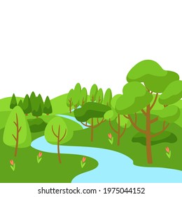 Spring landscape with forest, trees and bushes.