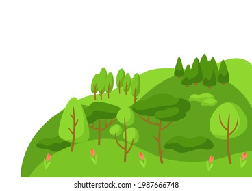 Spring landscape with forest, trees and bushes.
