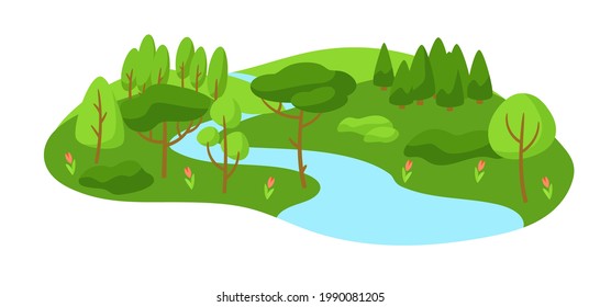 Spring landscape with forest, trees and bushes.