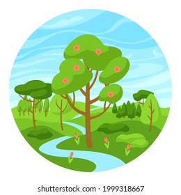 Paisaje primaveral con bosque, árboles y arbustos.