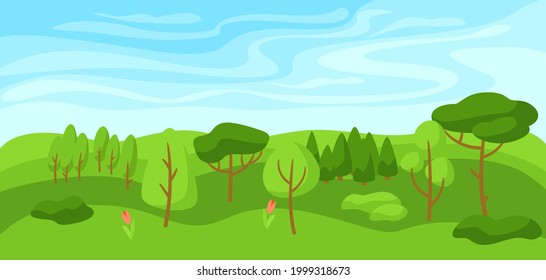 Spring landscape with forest, trees and bushes.