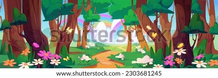 Spring landscape of forest with trees, grass and flowers. Summer park with green plants, butterflies, path, fields and rainbow in sky, vector cartoon illustration