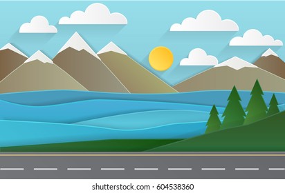 spring landscape of forests, mountains, road and lake. paper art style.