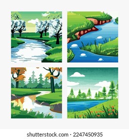 Spring landscape with forests, river, mountain, sun, blue sky and clouds, rural nature in spring with land with wild grass. Vector on spring background. in flat cartoon style.