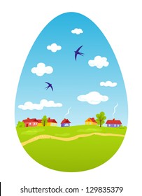 Spring landscape in the form of Easter egg. Cartoon vector illustration.