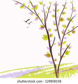 Spring landscape with fresh green tree. Watercolor sketch